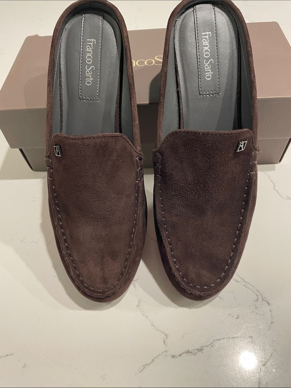 Franco Sarto Dark Brown Suede Slip-On Loafers - Picture 2 of 8